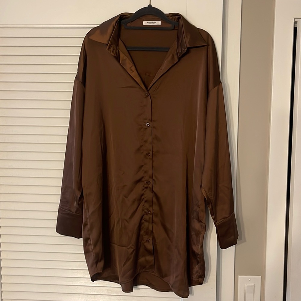 Peppermayo brown satin shirt dress